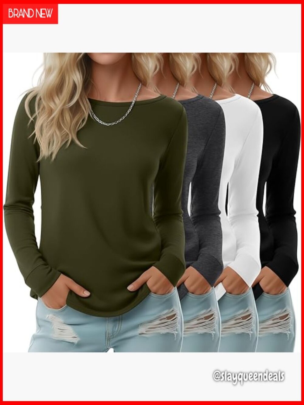 4 Pack Women's Long Sleeve Boat Neck Tunic Tops, Cotton Spandex Loose Fit